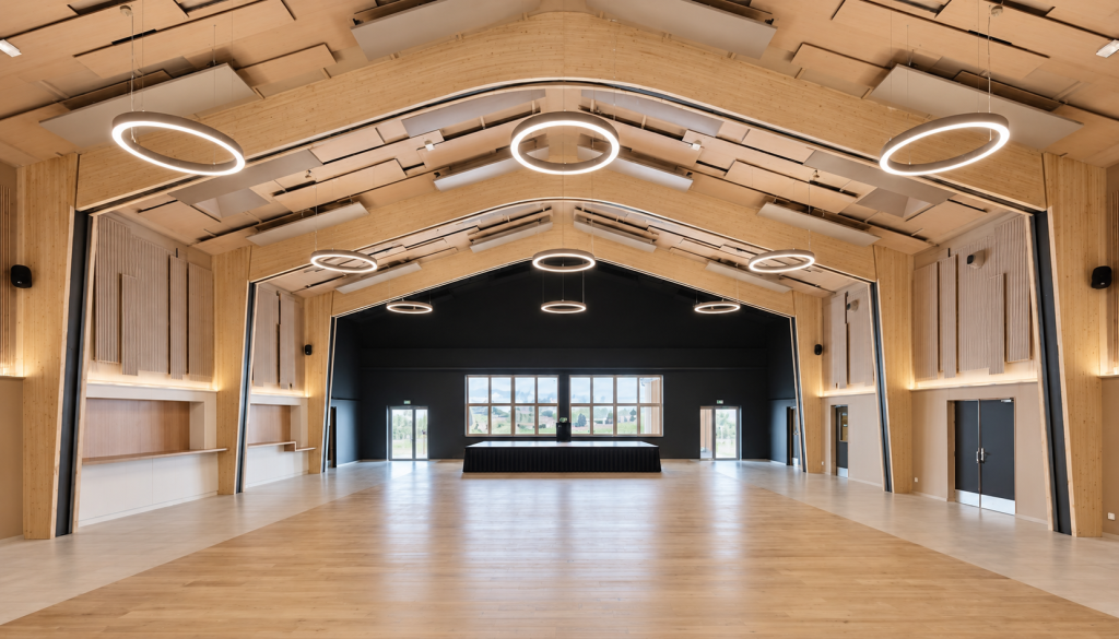 Salle polyvalente en chêne et lumière douce